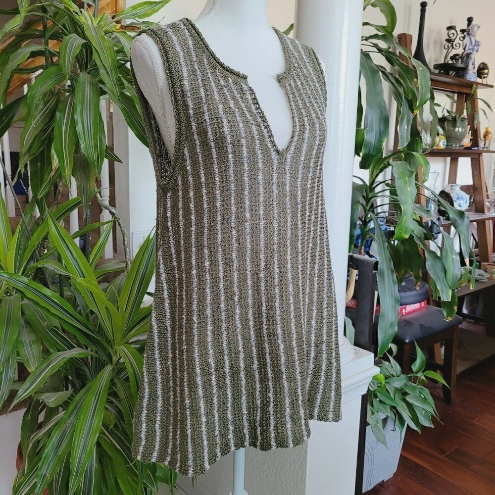 Cottage Core Pullover Knit Vest Tunic Striped BOHO One Size Sm-Lg Olive Green - Picture 4 of 10